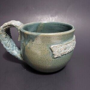 Pottery Handmade Blue Green Signed Large Mug Cup w / Handle ( 4" × 4.5" )